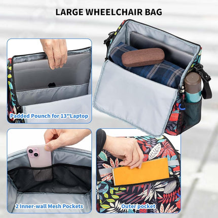 ZHCHG Wheelchair Bags, Wheelchair Backpack with Cup Holder, Wheelchair Bags to Hang on Back, Electric Wheel Chair Accessories, Large Storage Bag for Walker Rollator, Blue Red-leaves, Large, Tie-dyeing