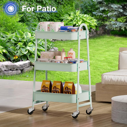 OLIXIS 3 Tier Utility Rolling Cart with Lockable Casters, Mobile Metal Storage Shelf, Organization for Living Room, Bathroom and Narrow Places, Pale Green