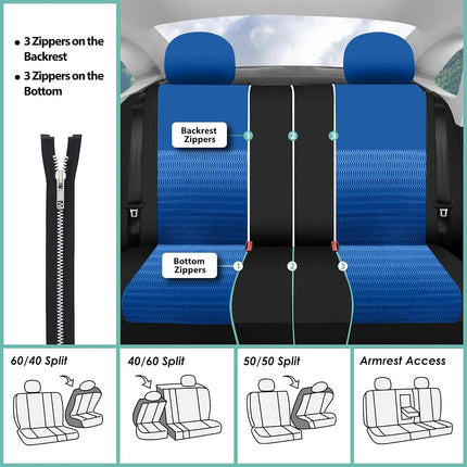 FH GROUP FH-FB060217 Three Row Trendy Elegance Car Seat Covers w. 7 Headrests, Airbag compatible and Split Bench, Blue / Black color- Fit Most Car, Truck, Suv, or Van