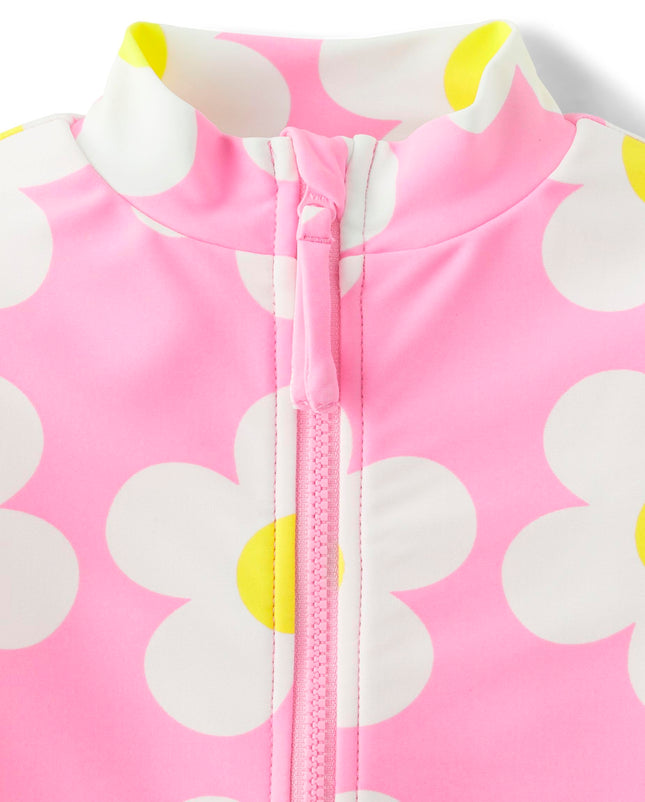 Gymboree Girls' and Toddler Long Sleeve Rashguard One Piece Swimsuit, Scooter Pink Neon, 12