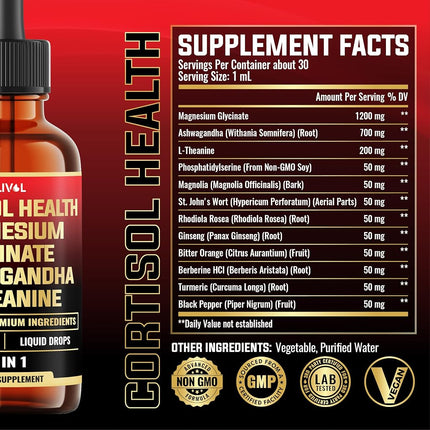 12in1 - Cortisol Supplement Liquid Drops - Cortisol Detox w. Magnesium Glycinate 1000mg, Ashwagandha, L-Theanine, Phosphatidylserine and 8 More Herbals - Hormone Balanced for Women, Mood Focus - 1 Month Supply