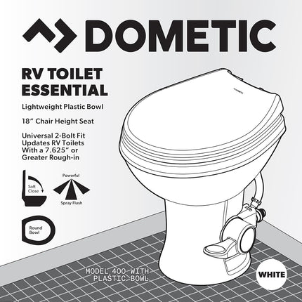 Dometic Model 400 Essential RV Toilet – Round Lightweight Plastic Bowl, Universal Fit & 2-Bolt Mount, 18" Chair Height Residential Style, Gravity Flush Toilet with Soft-Close Seat, White (9610008275)