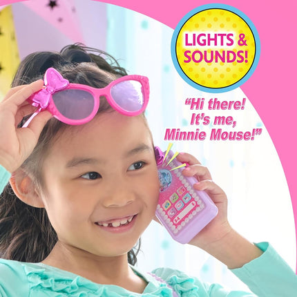 Just Play Disney Junior Minnie Mouse Bowfabulous Bag Set – 18 cm Play Purse with Lights & Sounds Cell Phone, Accessories, Sunglasses & Sticker Sheet for Kids 3 and Up
