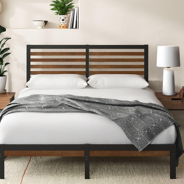 Zinus Kai Queen Bed Frame Bamboo Metal Base with Footboard