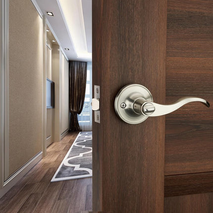 1 Pack of HENYIN Wave Lever Door Lock/Door Knob Hardware Handle and Closet Lockset, Silver Color, Bathroom Version Without Key,Left Hand (805SN-L-Bk)