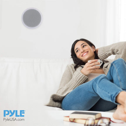 Pyle Ceiling and Wall Mount Speaker - 8” 2-Way 70V Audio Stereo Sound Subwoofer Sound with Dome Tweeter, 600 Watts, In-Wall & In-Ceiling Flush Mount for Home Surround System - Pyle PDIC83T (White)