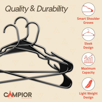 Premium Clothes Hangers – Space-Saving Slim Design, Lightweight and Durable Plastic with Smart Shoulder Grooves, Versatile Usage for Organizing Laundry, Coats, and Clothes, Black, Pack of 50
