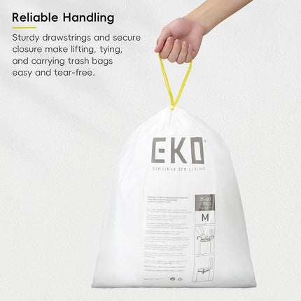EKO 10.6 Gallon / 35–40 Liter Drawstring Trash Bags, 110 Count Heavy-Duty Tall Kitchen Garbage Can Liners, Extra-Strong Leak-Resistant, Unscented, White, Code M