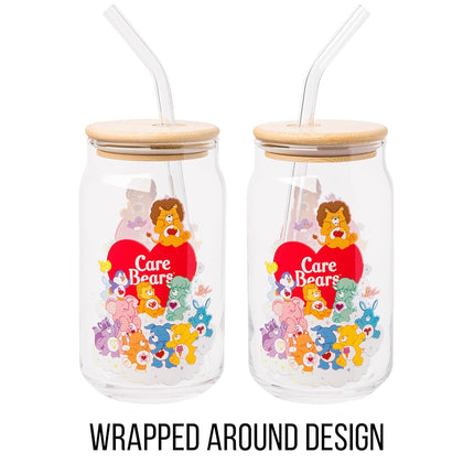 Silver Buffalo Care Bears Heart Cousins Brave Lion Playful Monkey Gentle Lamb Cozy Penguin Lotsa Elephant Bright Raccoon Proud Cat Loyal Dog Treat Pig Swift Rabbit Glass Jar Tumbler w Bamboo Lid, 16oz