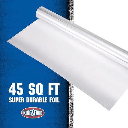 Papel de aluminio resistente Kingsford para asar a la parrilla, antiadherente, rollo de 45 pies cuadrados, 18 pulgadas de ancho, para parrilla y cocina, antiadherente para facilitar la preparación, cocción y limpieza