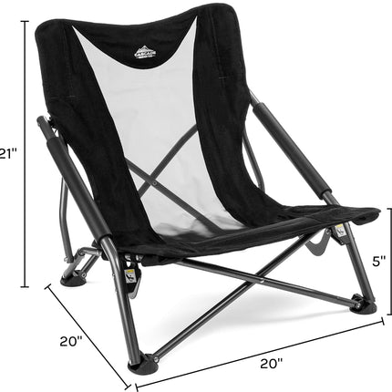 Cascade Mountain Tech Camping Chair - Low Profile Folding Chair for Camping, Beach, Picnic, Barbeques, Sporting Event with Carry Bag, Black