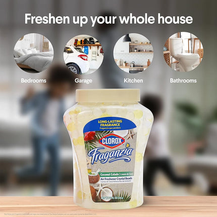 Clorox Fraganzia Ambientador Perlas de Cristal Coco Colada 340g | Perlas Ambientadoras de Larga Duración 340 gramos | Frasco Ventilado Fácil de Usar para el Hogar, Baños, Armarios, Coche u Oficina