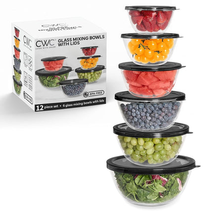 Juego de 12 cuencos de cristal para mezclar con tapas Cook with Color – Cuencos de borosilicato apilables para cocinar, hornear y preparar comidas, negro
