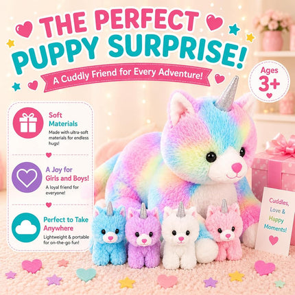 PixieCrush Snugababies Unicorn Kitty Cat Stuffed Animals for Girls Ages 3 4 5 6 7 8 Years; Stuffed Mommy Unicorn Kitty Cat with 4 Baby Unicorns in her Tummy; Toy Unicorn Pillows for Girls
