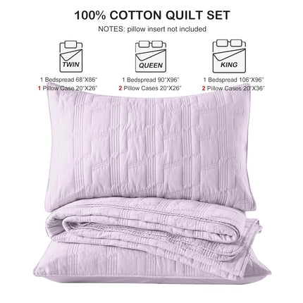 HORIMOTE HOME 100% Cotton Quilt Set Queen Size, Lavender Pre-Washed 3-Piece Bedspread Coverlet Set, Cozy Lightweight Stitching Bedding Cover with 2 Shams in Geometric Pattern for All Season