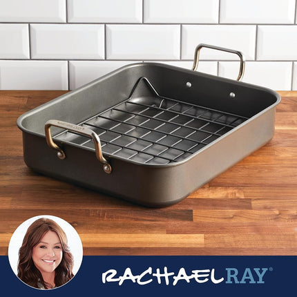 Rôtissoire/Plat de cuisson antiadhésif Rachael Ray avec grille réversible, 41,9 cm x 34,3 cm, gris