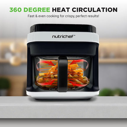 Nutrichef 5.5L Air Fryer with Transparent Glass Basket & Visible Cooking Window, 8 in 1 Preset Cook Modes, Precise Temperature Control & Timer, Easy Clean Dishwasher Safe, White