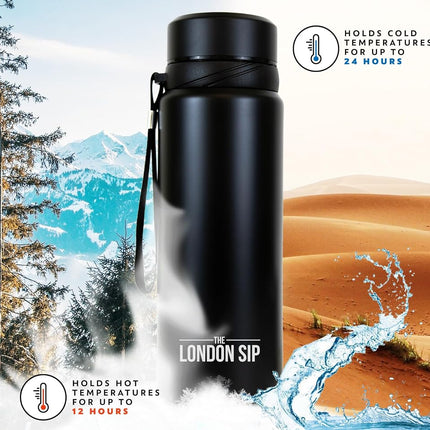 25 oz Multi-Function Travel Mug and Tumbler | Tea Infuser Water Bottle | Fruit Infused Flask | Hot & Cold Double Wall Stainless Steel Coffee Thermos | by Here & Now Supply Co. Zen Black