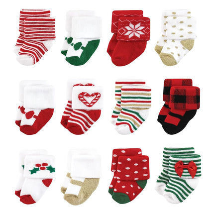 Hudson Baby Baby Girls' Cotton Rich Newborn and Terry Socks, 12 Days of Christmas Girl, 12-24 Months