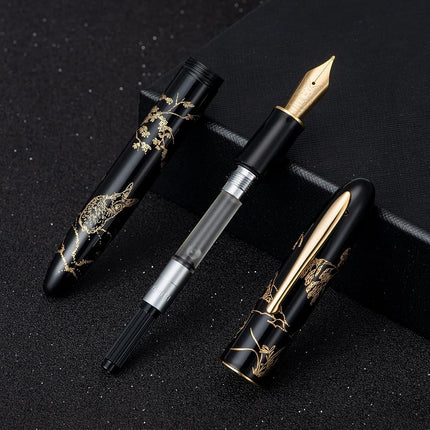 HONG DIAN N23 Black Rabbit Fountain Pen, Iridium Extra Fine Nib Gold Trim, New Year Lucky Rabbit Carving Design, Smooth Writing Pen with Converter and Metal Pen Box Set