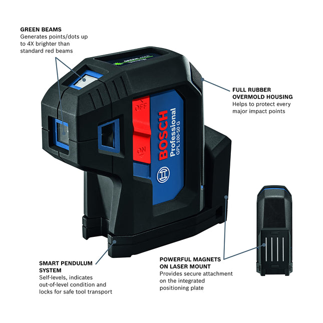 Láser de alineación autonivelante con rayo verde BOSCH GPL100-50G, incluye 2 pilas AA, soporte multiusos integrado y estuche de transporte rígido