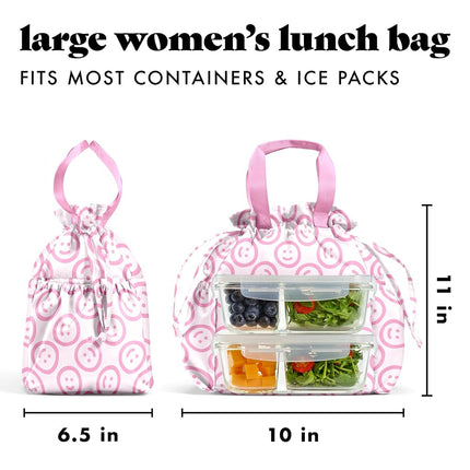 Fit & Fresh Cromwell Drawstring Lunch Bag for Women, Complete Lunch Set with 2 Containers, Stain-Resistant, Leak-Resistant, Back to School Essential, Teacher Lunchbox, All Smiles Pink
