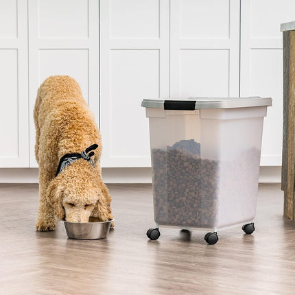 IRIS USA 50 Lbs/65 Qt WeatherPro Airtight Pet Food Storage Container with Removable Casters, Clear/Gray