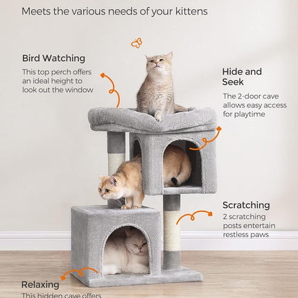 Feandrea Cat Tree Tower, 67 cm, S, Condo for Kittens up to 7 lb, Large Perch, 2 Caves, Scratching Post, Light Gray UPCT611W01