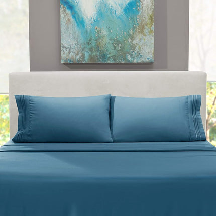 Hearth & Harbor RV Short Queen Size Sheets - 4 Piece Bed Sheet Set, Hotel Luxury Double Brushed Bed Sheets - Extra Soft Bedding Sheets & Pillowcases, Short Queen, Blue Heaven