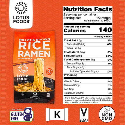 Lotus Foods Millet and Brown Rice Ramen with Miso Soup, Low Sodium, 2.8 oz, 10 Count