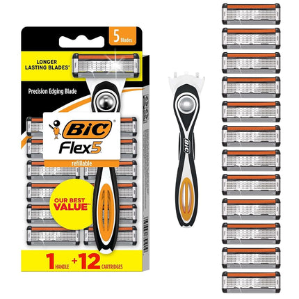 BIC Flex 5 Refillable Men's 5 Blade Razors, Holiday Grooming for a Smooth Shave, 1 Handle and 12 Cartridges-Pack, Stocking Stuffers