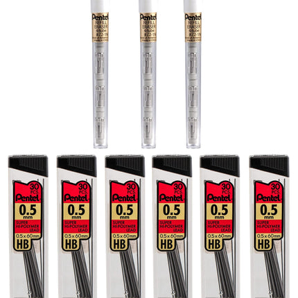 Pentel Eraser and Lead Refill Pack for Mechanical Pencils - Super Hi-Polymer Lead Refills Value Pack, 0.5mm 6 Pack of 30 Pieces � Pack of White Pentel Eraser Refills 3 Packs of 4 Erasers