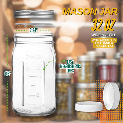 Wide Mouth Mason Jars 32 oz – 2 Pack Quart Size Jars with Airtight Lids and Bands & White Plastic Lid, Ideal for Meal Prep, Canning, Fermenting and DIY Projects, Microwave & Dishwasher Safe.