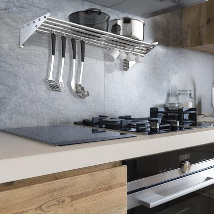 KYBOLT Stainless Steel Hanging Rack for Kitchen Storage and Organization, [NSF Certified] 12" W*48" L Shelf with 10 S Hooks for Hanging Pots, Pans for Home Kitchen, Restaurant & Hotel