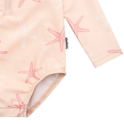 Gerber Girls' Toddler Long Sleeve One Piece Rashguard Swimsuit, Pink Starfish, 0-3 Months