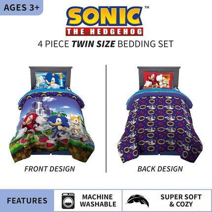 Juego de edredón y sábanas supersuaves para niños Franco, 4 piezas tamaño Twin, Sonic The Hedgehog, Anime