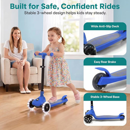 SereneLife Kids Scooter for Ages 3–7 – 3 Wheel Kick Scooter with Seat Option, Light-Up LED Wheels, Lean-to-Steer, Foldable, Adjustable Height, 50 kg Capacity, Blue