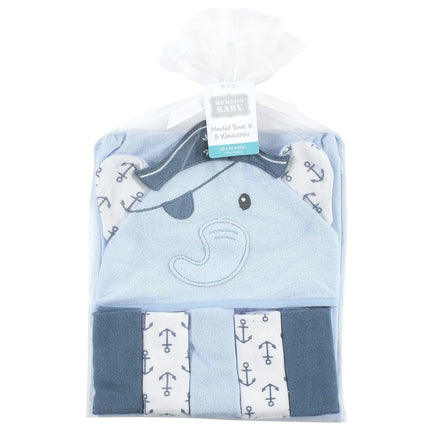 Hudson Baby Unisex Baby Hooded Towel and Five Washcloths, Pirate Elephant, One Size