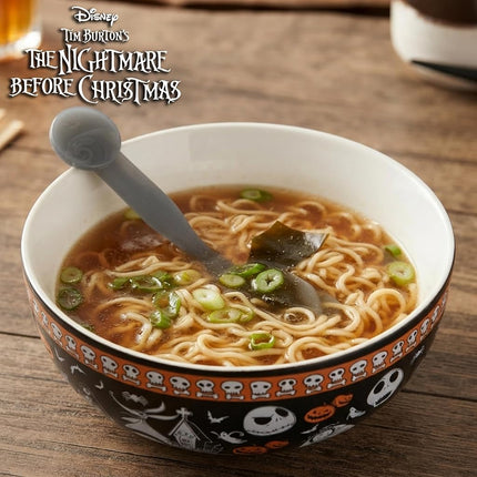 Silver Buffalo Disney Tim Burton's Nightmare Before Christmas Featuring Jack Skellington, Oogie Boogie, Sally, Dr. Finkelstein, Lock, Barrel, and Zero Ceramic Bowl with Color Changing Spoon, 28 Ounces