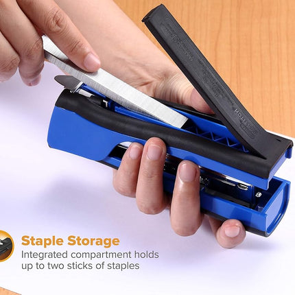 Bostitch Office Dynamo 4 in 1 Standup Stapler, Includes 420 Staples, 20 Sheet Capacity, Integrated Pencil Sharpener, Staple Remover & Staple Storage, Blue