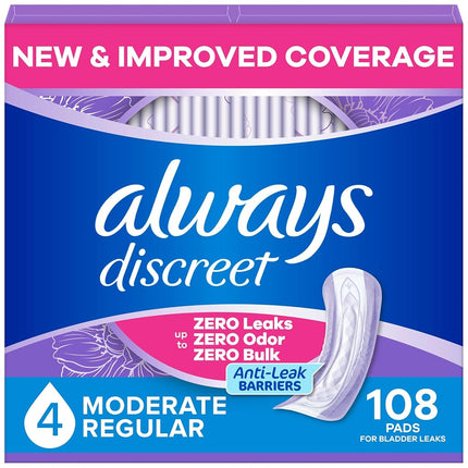 Always Discreet Adult Incontinence Pads for Women, Moderate Absorbency, Regular Length, Postpartum Pads, 108 Count (2 Packs of 54)