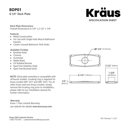 Placa de cubierta BDP01CH Kraus, grifo de baño, cromo