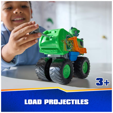 La Patrulla Canina: Camión de reciclaje de Rocky de Rescue Wheels, camión de juguete con lanzador de proyectiles y figura de acción coleccionable, juguetes para niños y niñas a partir de 3 años
