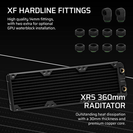 CORSAIR iCUE LINK XH505i RX 360 RGB Custom Cooling Kit – XC7 ELITE CPU Water Block, XD6 ELITE Pump Reservoir, 3x RX120 RGB Fans, XR5 360mm Radiator, iCUE LINK System Hub – Black