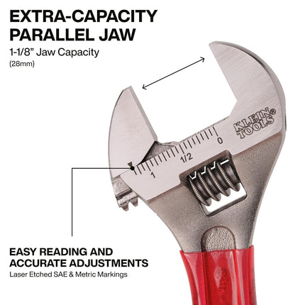 KLEIN TOOLS D507-8 Adjustable Wrench, Extra Capacity Jaw Forged Drive Wrench with High Polish Chrome Finish, 8-Inch