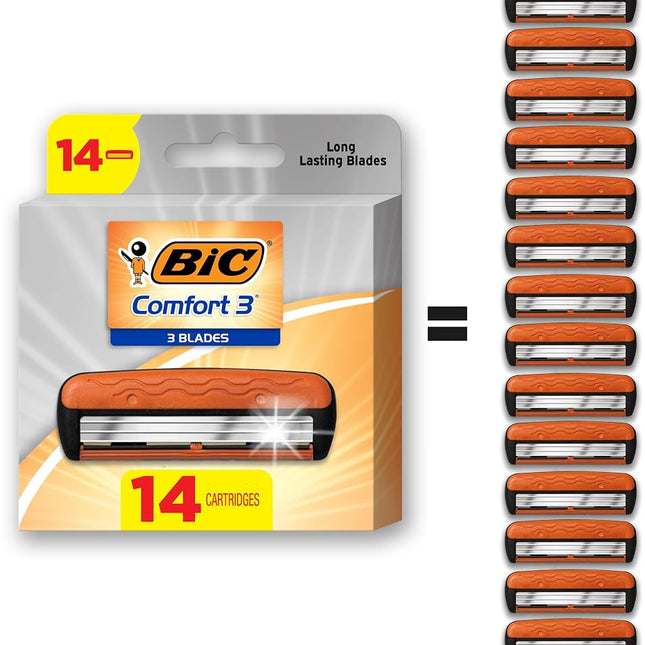 BiC Comfort 3 Refillable Refill Razor Cartridges, Three-Blade Disposable Razors for Men, Sensitive Skin Razor for a Comfortable Shave, 14 Razor Refill Cartridges