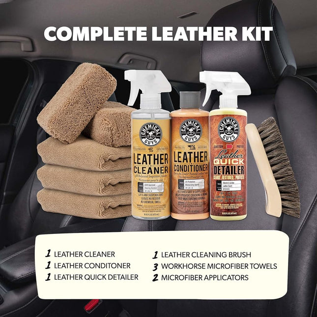 Chemical Guys HOL303 Leather Cleaner and Conditioner Detailing Kit, for Interiors, Apparel, Furniture, Boots, and More (Works on Natural, Synthetic, Pleather, Faux Leather and More), 9 Items,Colorless
