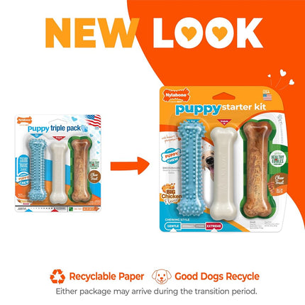 Nylabone Puppy Chew Toys & Natural Treat Triple Pack, Blue, Chicken & Bacon Flavor, Small - Up to 25 Ibs, 3 Pack