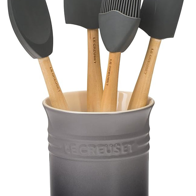 Le Creuset Silicone Craft Series Utensil Set with Stoneware Crock, Oyster, 5pc