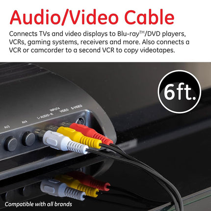 GE Composite Audio/Video Cable, 6 ft. RCA Style Plugs 3-Male to 3-Male, Low Loss, for TV, VCR, DVD, Satellite, and Home Theater Receivers, 23216